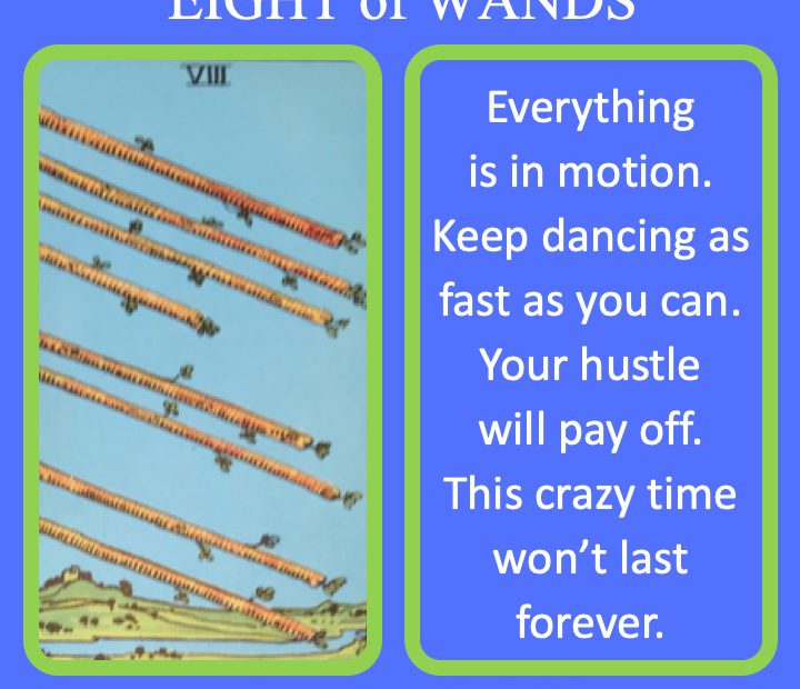 The RWS Minor Arcana Tarot Card, 8 of Wands, shows 8 wands flashing through the air indicating quick and active movement.
