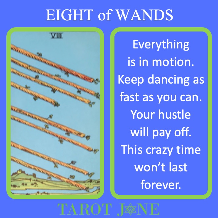 The RWS Minor Arcana Tarot Card, 8 of Wands, shows 8 wands flashing through the air indicating quick and active movement.