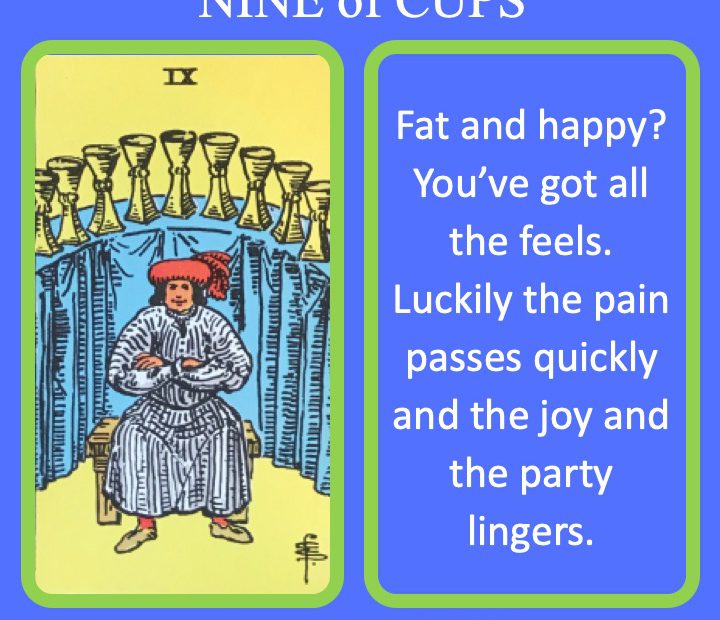 The RWS Minor Arcana Tarot Card, the 9 of Cups, shows a satisfied adult before their many cups indicating emotional maturity and resilience.