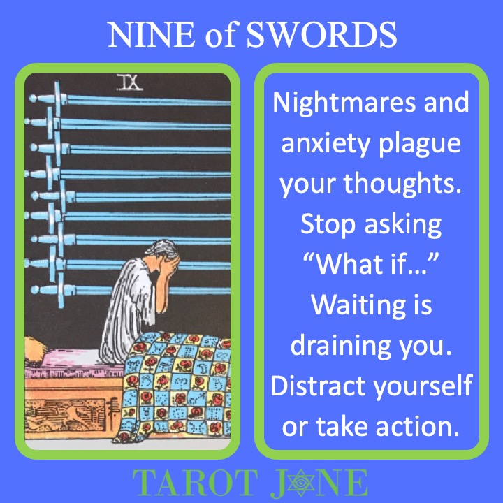 The RWS Minor Arcana Tarot Card, the 9 of Swords, shows a sleeper waking from a nightmare with 9 swords hanging over their bed indicating the damage done by fear.