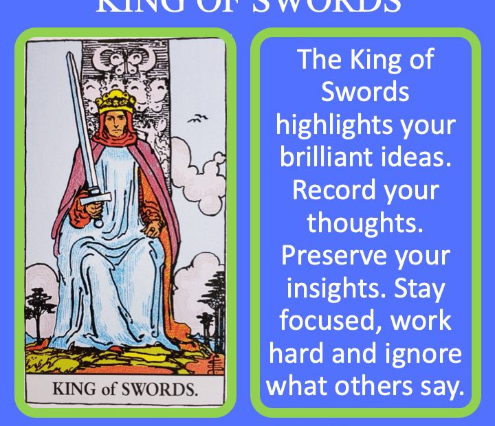 The RWS Minor Arcana King of Swords shows a King holding a sword indicating intellectual authority.