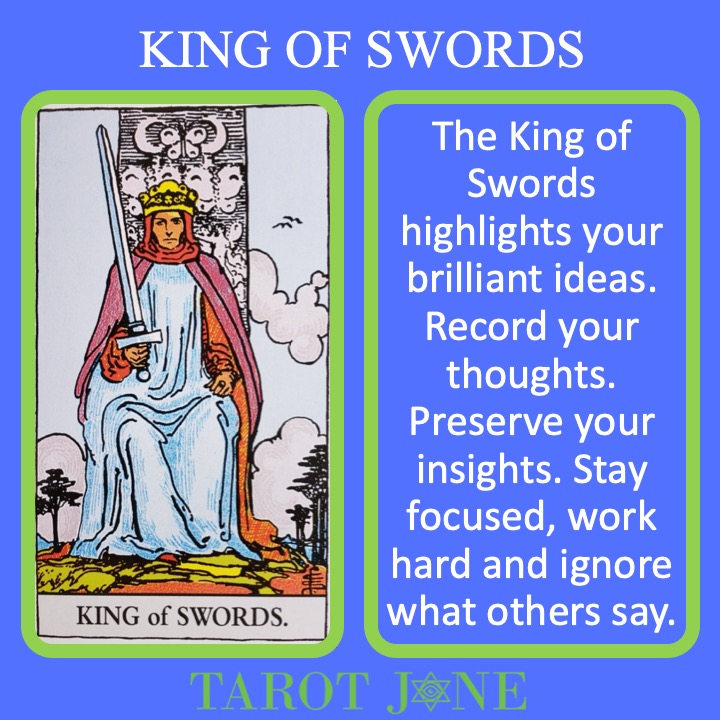 The RWS Minor Arcana King of Swords shows a King holding a sword indicating intellectual authority. 