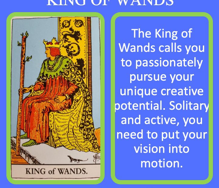 The RWS King of Wands holds a living septor showing his passionate authority.