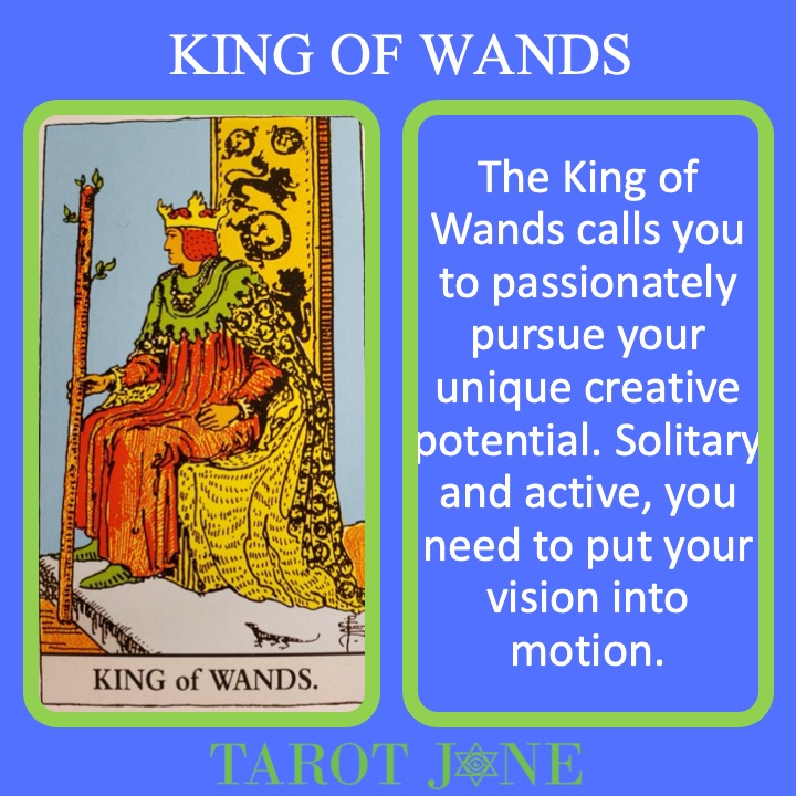 The RWS King of Wands holds a living septor showing his passionate authority.