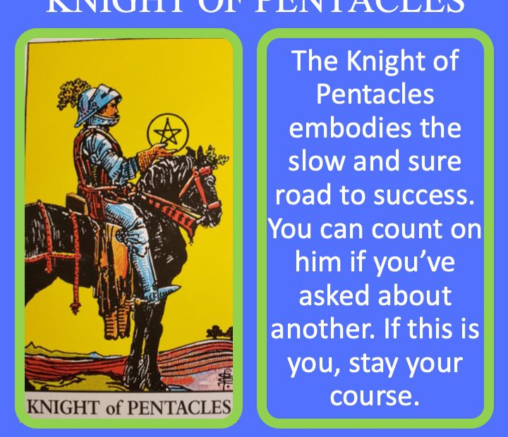 The RWS Court Card of the Knight of Pentacles shows a knight sitting quietly on a horse and indicates slow and practical movement.