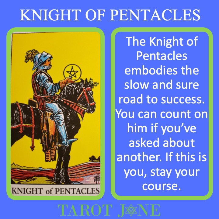 The RWS Court Card of the Knight of Pentacles shows a knight sitting quietly on a horse and indicates slow and practical movement.