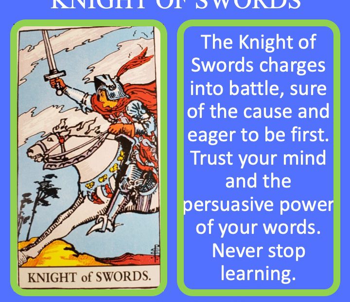 The RWS Court Card, the Knight of Swords, shows a knight raising their sword as they charge forward indicating rising to intellectual challenges.
