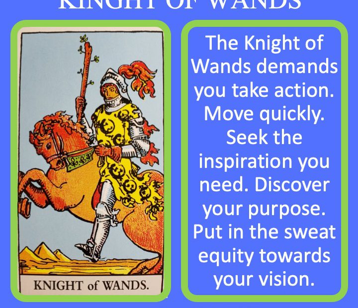The RWS Court Card, the Knight of Wands, shows a fiery charging while holding a living lance and indicates passionate pursuit.