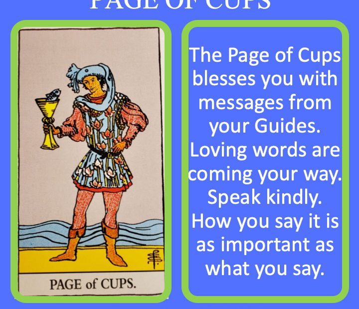 The RWS Court Card, Page of Cups, shows a young person holding a chalice with a fish inside indicating intuitive and emotional messages possibly from Spirit.