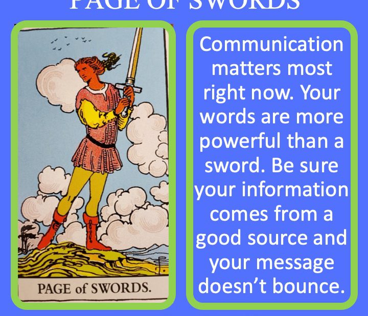 The RWS Court Card, the Page of Swords, shows a youth in motion with a raised sword indicating the speed and power of speech.