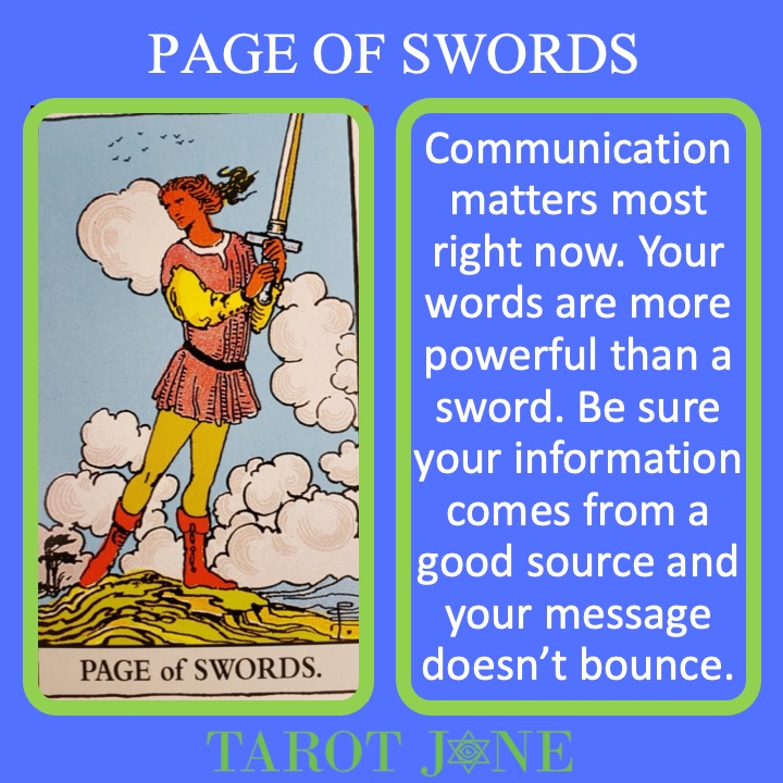 The RWS Court Card, the Page of Swords, shows a youth in motion with a raised sword indicating the speed and power of speech.