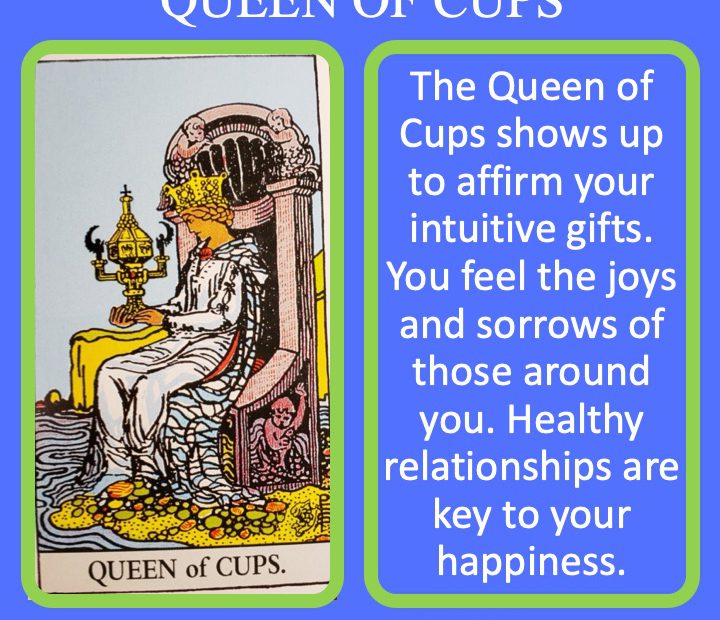 The RWS Minor Arcana Queen of Cups holds the Holy Grail and provides emotional and intuitive leadership.