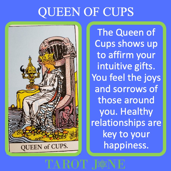 The RWS Minor Arcana Queen of Cups holds the Holy Grail and provides emotional and intuitive leadership.