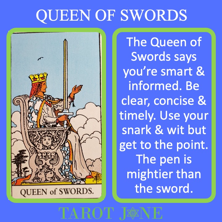 The RWS Court Card Queen of Swords holds a sword indicating her intellectual leadership.
