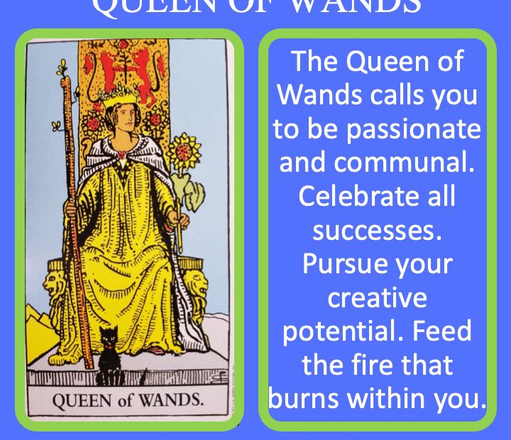 The RWS Court Card Queen of Wands shows a queen holding a living scepter indicating passionate leadership.