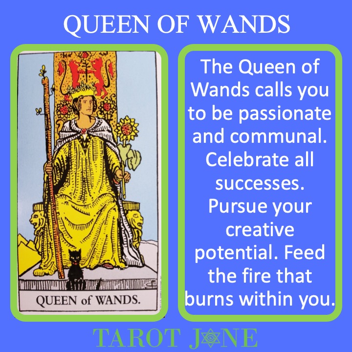 The RWS Court Card Queen of Wands shows a queen holding a living scepter indicating passionate leadership. 