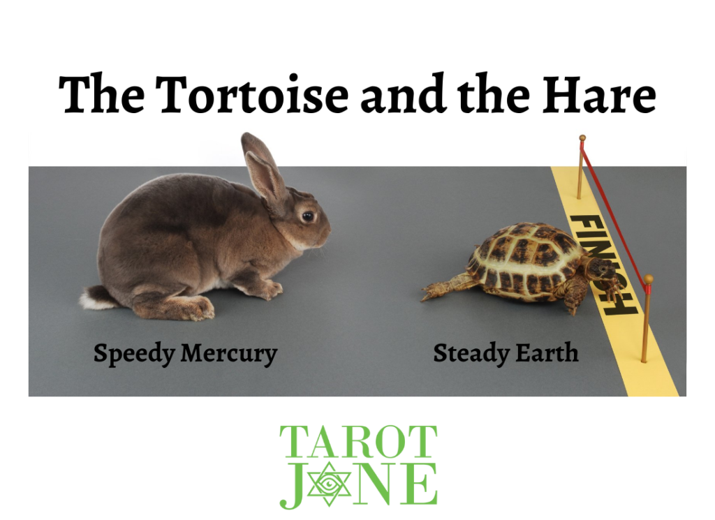 Steady Earth as the Tortoise reaches the finish line ahead of Speedy Mercury as the Hare.